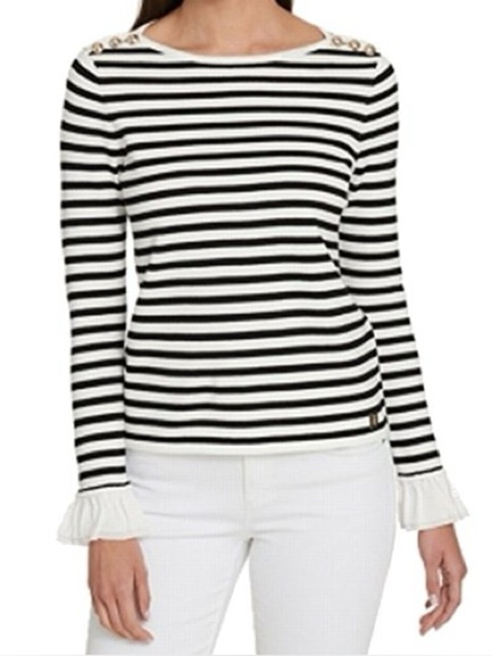 Tommy Hilfiger Boatneck Ruffle Cuff Black and Ecru Striped Top Size XS Nautical